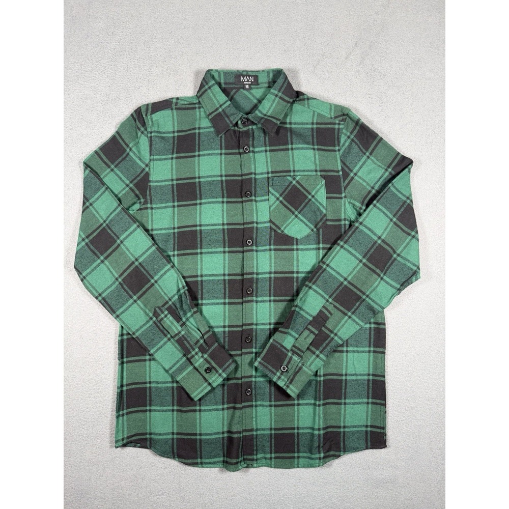 boohooMAN Men's Green Plaid Flannel Shirt Size M - Excellent Condition